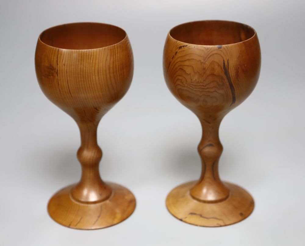 Two finely turned yew wood goblets, by Peter Spear, height 18.5cm